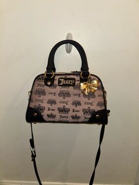 Juicy Couture Pink Logo Print Satchel with Brown Trim & Gold Bow Charm